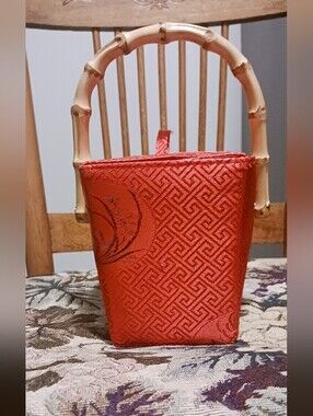 RARE Vintage Tozai Home Red Silk Chinese Takeout Box Purse Bamboo Handle